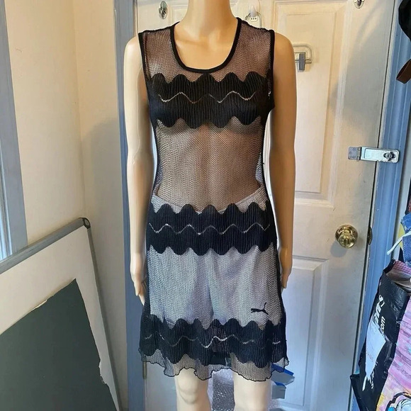 VTG Y2K Orange USA Whimsigoth Witchy Midi Dress S-M Mesh Open Knit Black Stretch - Picture 2 of 16